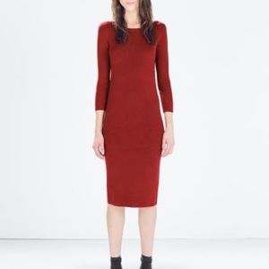 Zara knit red long sleeve bodycon midi dress M